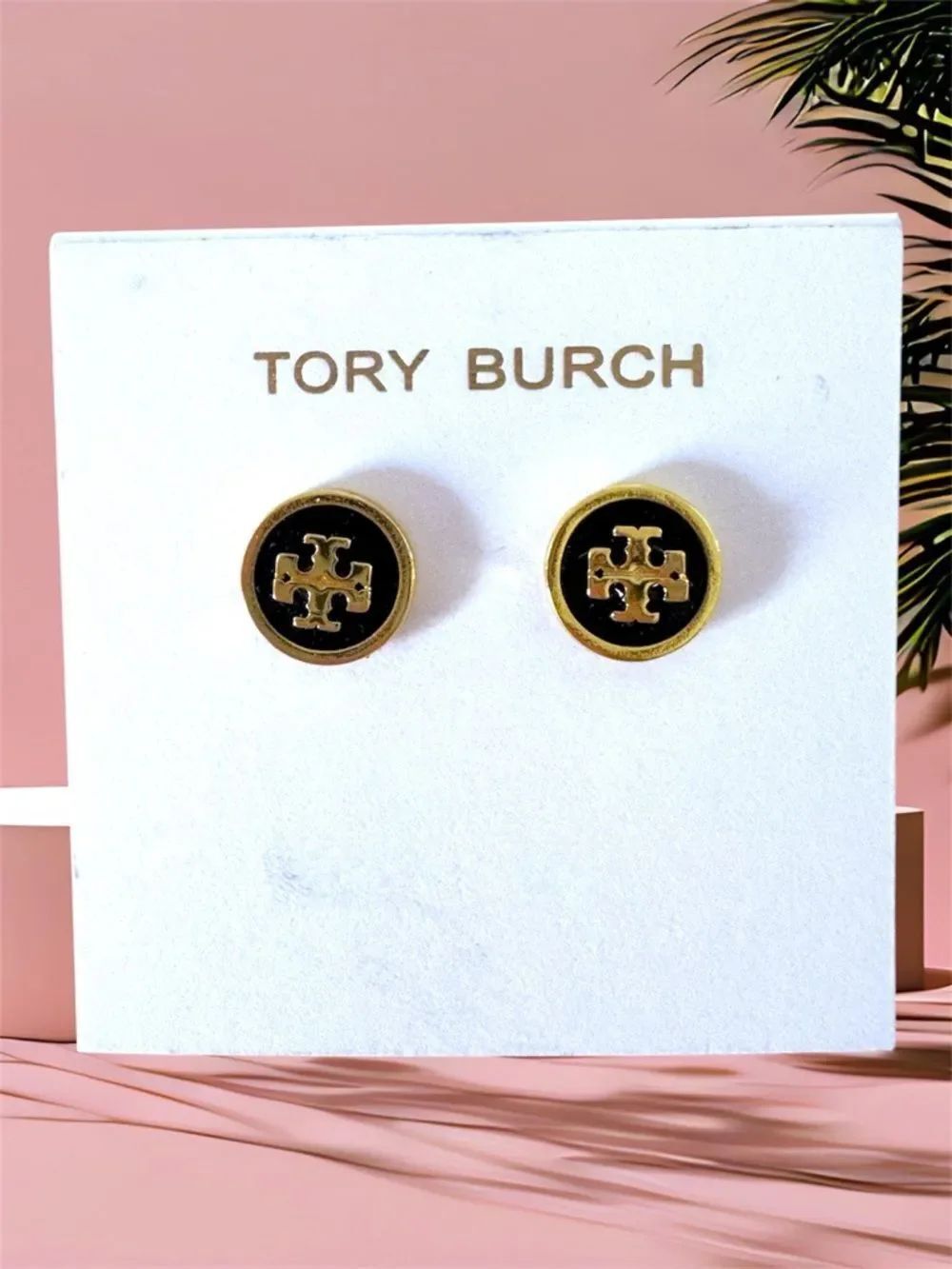 Tory Burch Black and Gold Logo Round Stud Earrings